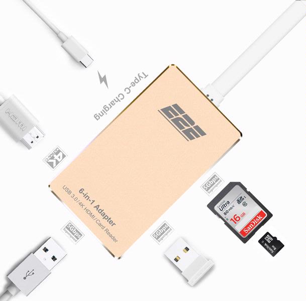 E2E Gold USB 3.1 Type-C to 4K HDMI USB 3.0 Port USB-C Charging and SD Card Reader 6-IN-1 Adapter Hub