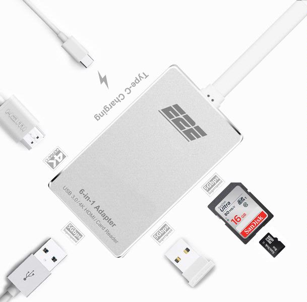 E2E Silver USB 3.1 Type-C to 4K HDMI USB 3.0 Port USB-C Charging and SD Card Reader 6-IN-1 Adapter Hub